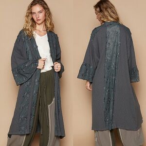 NEW POL Charcoal Green Patchwork Lace Long Duster Cardigan Boho Oversized